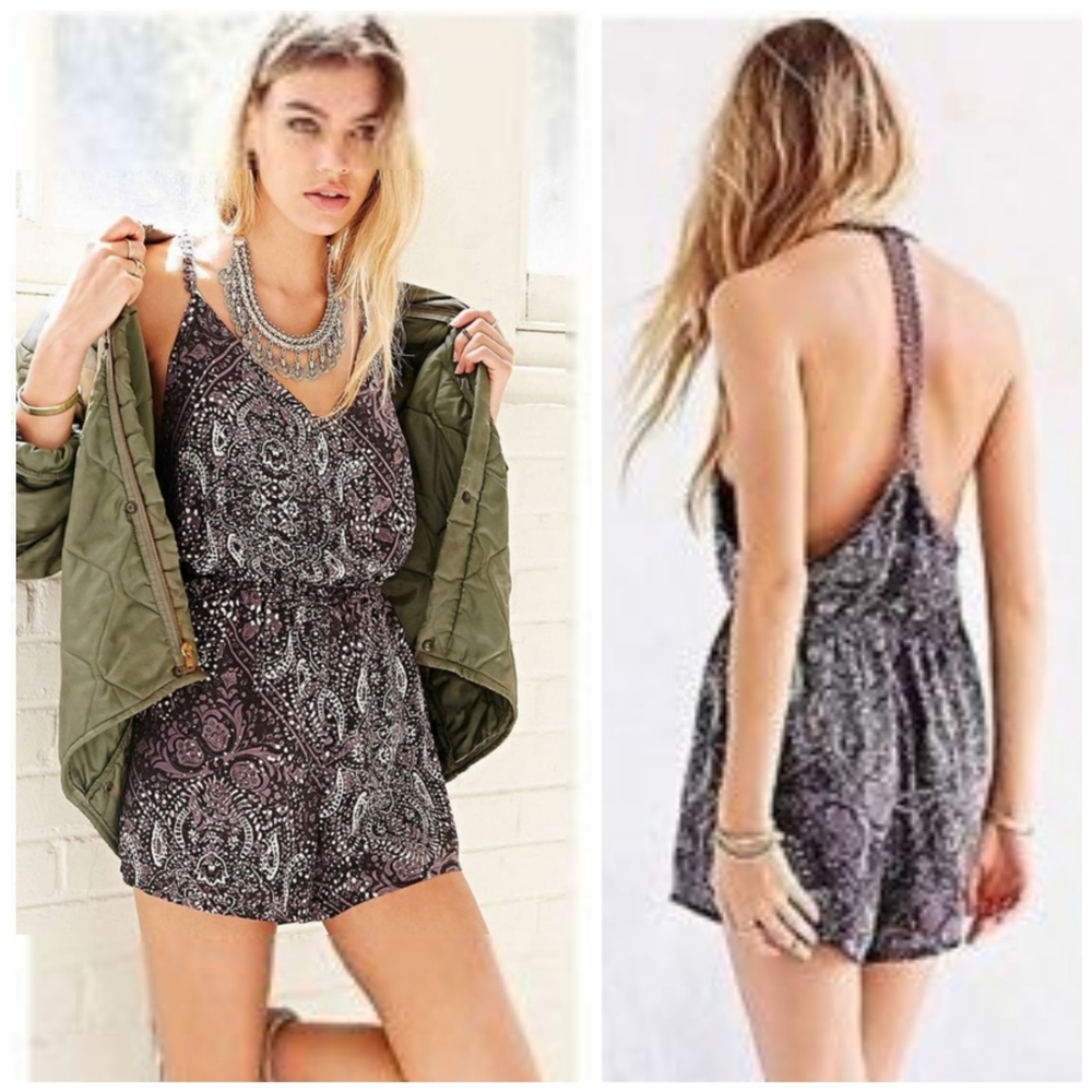UO Ecote Leah Crochet T-Back Romper, L